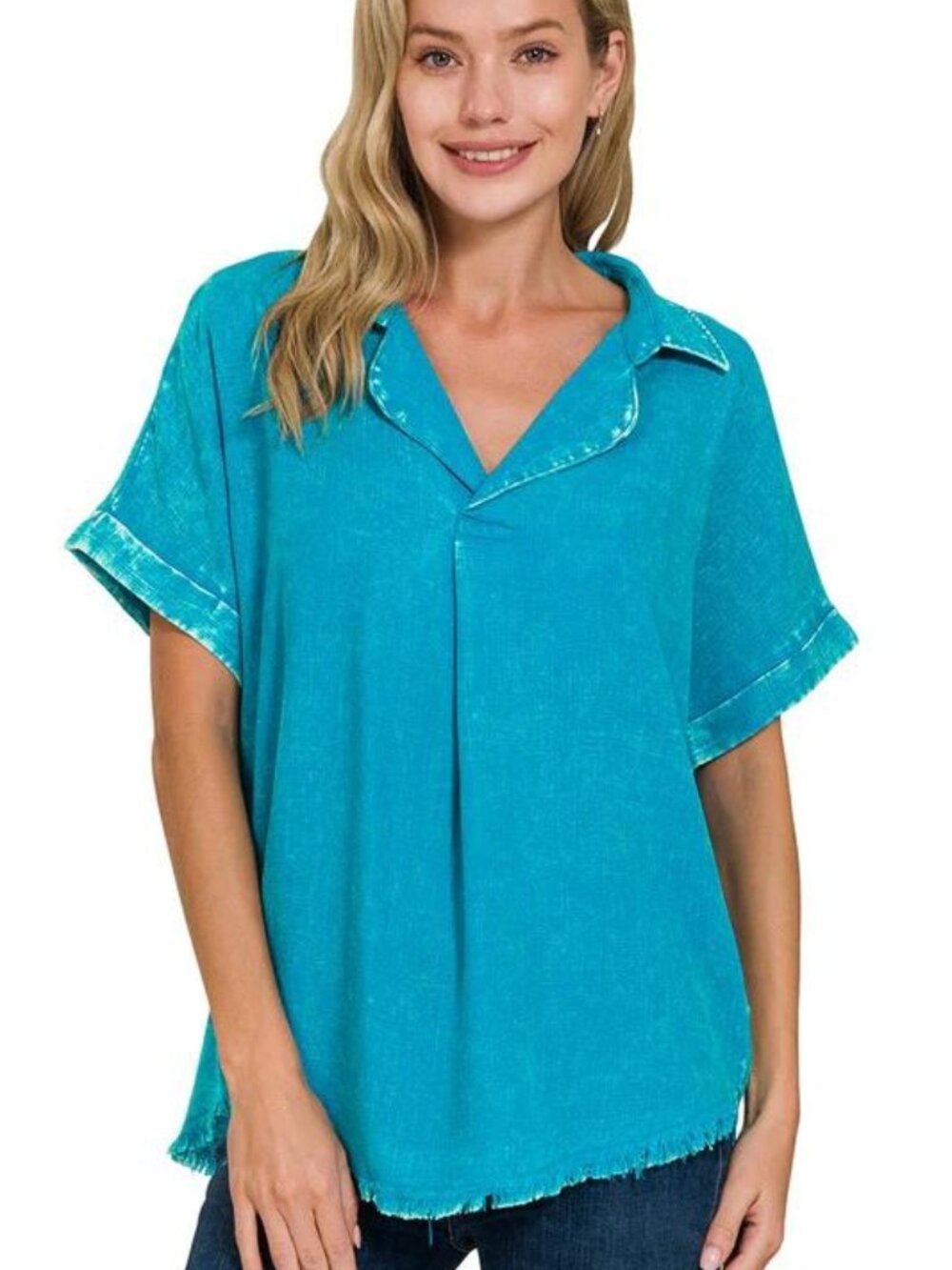 Zenana Washed Linen Raw Edge Womens Blouse, Light Teal, size Small, NWOT